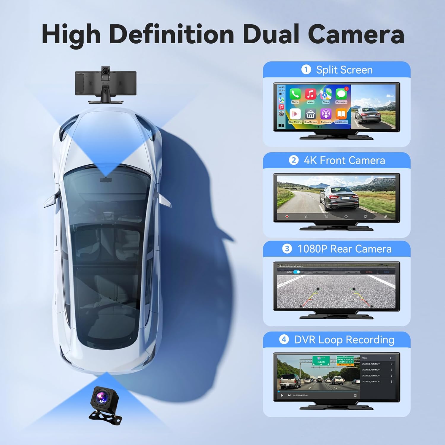10.26" HD Wireless Car Stereo for Carplay & Android Auto, Portable Touch Screen for Car, 4K Dash Cam, 1080P Backup Camera, Bluetooth, AUX/FM, Googel, Siri, Mirror Link, GPS Navigation