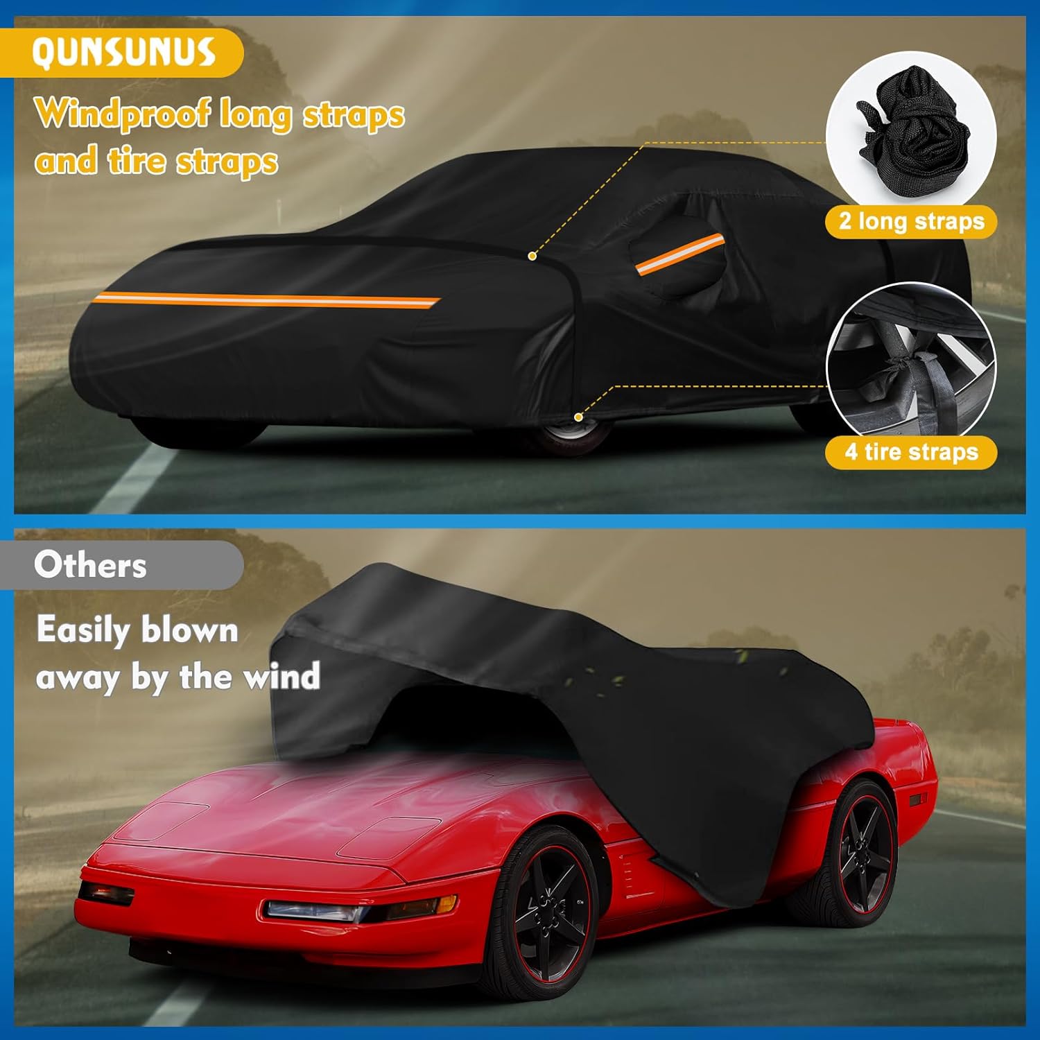 QUNSUNUS Waterproof Car Cover for C4 Corvette 1984-1996, Outdoor Car Covers with Zipper, All Weather Full Exterior Cover with Straps and Elastic Edges for Wind, Sun, UV and Dust Protection