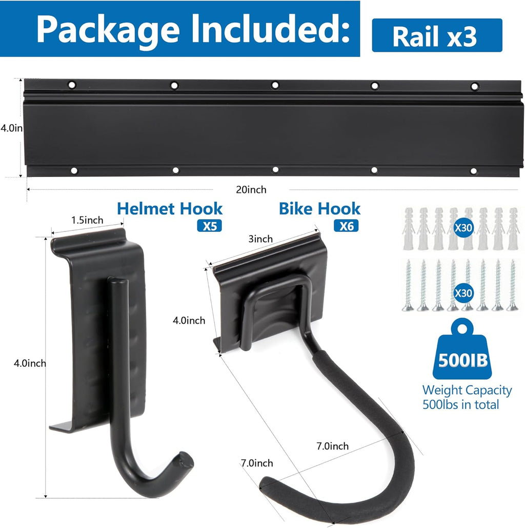 Sinoer Bike Storage Rack,Bike Wall Rack, Bike Storage Wall Mount for 6 Bikes + 5 Helmets Tool Storage Hook Adjustable for Garage or Home Vertical Bike Rack, 20 inches / 511mm - 3 Rails