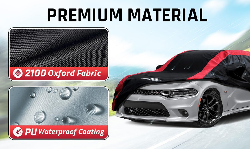Dodge Charger Car Cover Waterproof All Weather with Red Strip Design, Custom Fit for Dodge Charger 2006–2023, Charger Accessory with Door Zipper & Windproof Straps