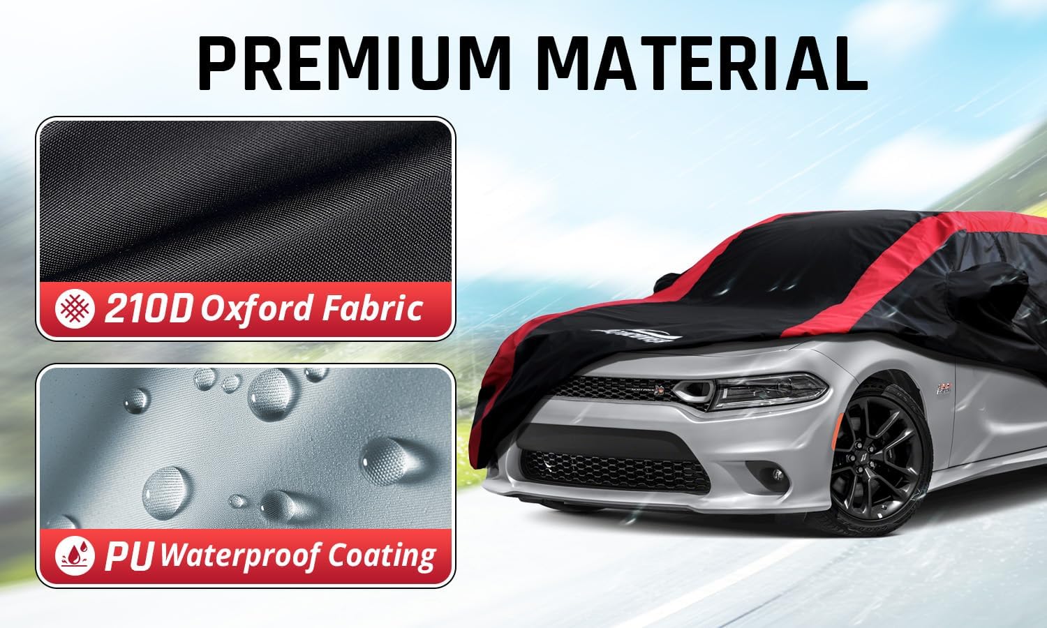 Dodge Charger Car Cover Waterproof All Weather with Red Strip Design, Custom Fit for Dodge Charger 2006–2023, Charger Accessory with Door Zipper & Windproof Straps