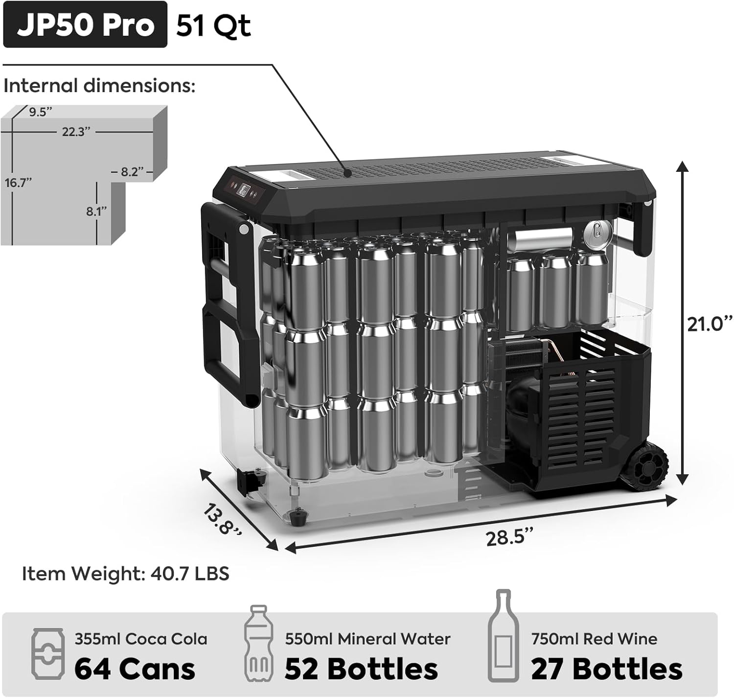 ICECO JP50 Pro Portable Refrigerator,12Volt Car Fridge Freezer, Compact Refrigerator with Secop Compressor, for Outdoor, Camping 51.7 Quart, -4℉～68℉, DC 12/24V, AC 110/240V, Multi-directional Lid