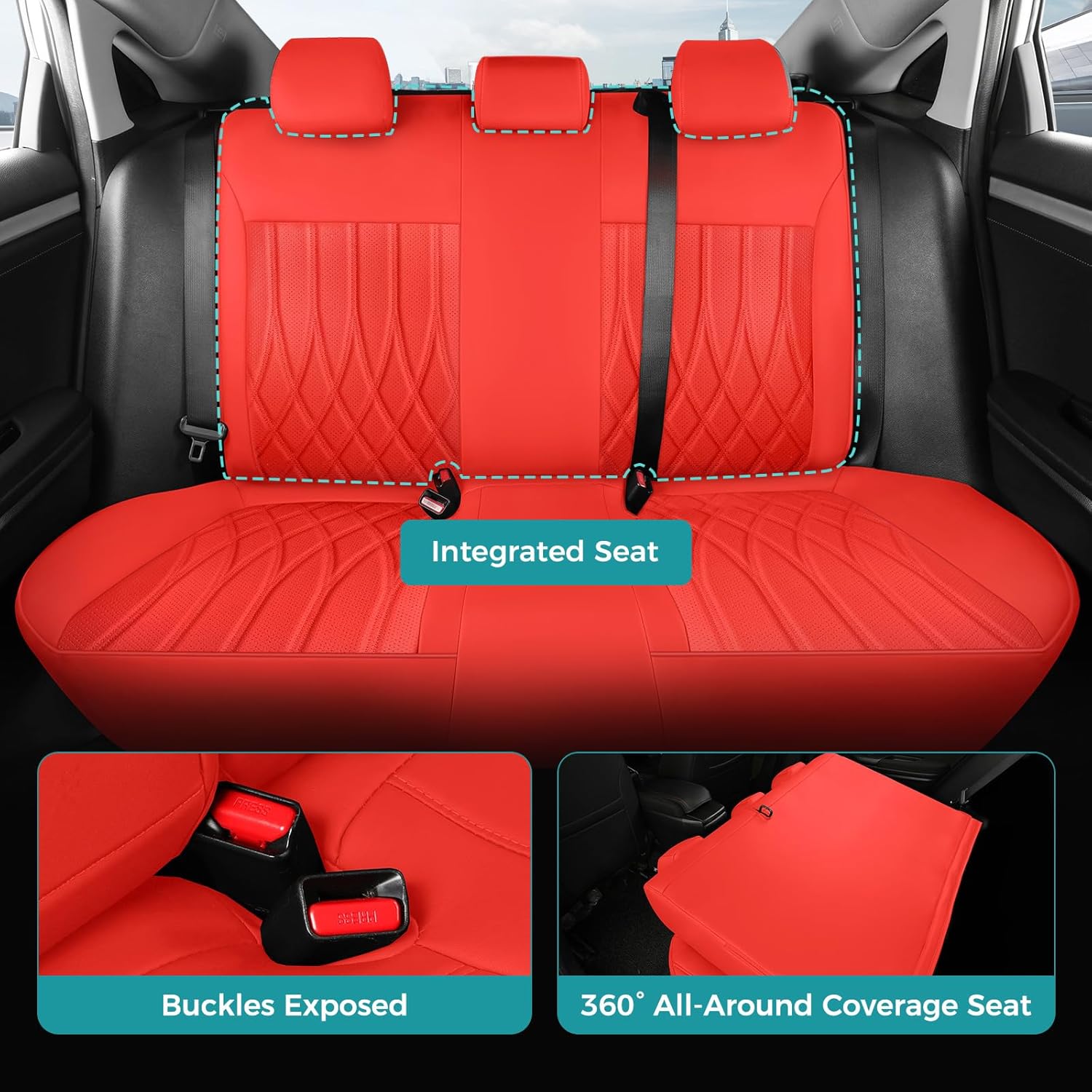 Seat Covers for Honda Civic Sedan LX 2016 2017 2018 2019 2020 2021, Faux Leather Car Seats Cover Full Set (Rear Row Solid & No Folding Backrest)-RED