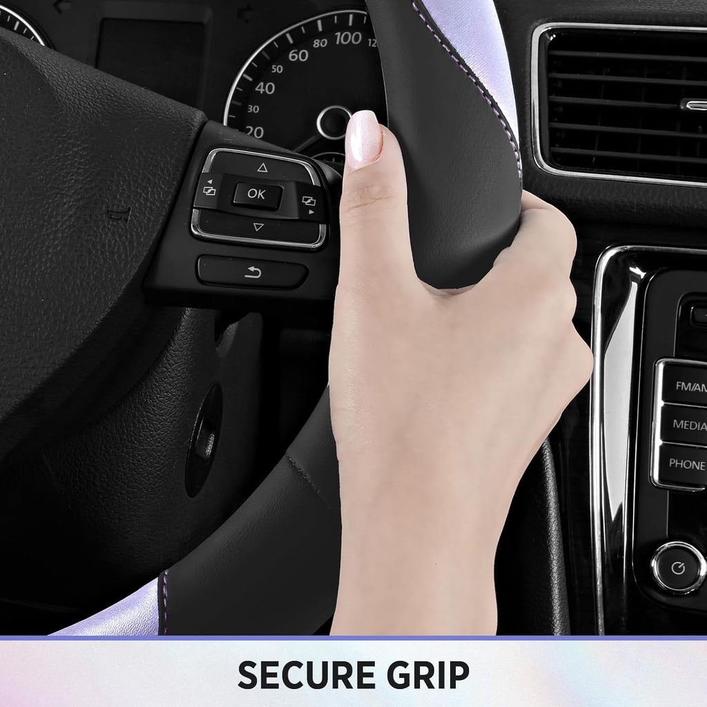 Road Comforts Steering Wheel Cover – Breathable Leather Steering Wheel Cover, Anti-Slip Grip, Universal Fit 14.5” to 15”, Heat & Cold Resistant for Cars, SUVs, and Trucks – Black & Purple