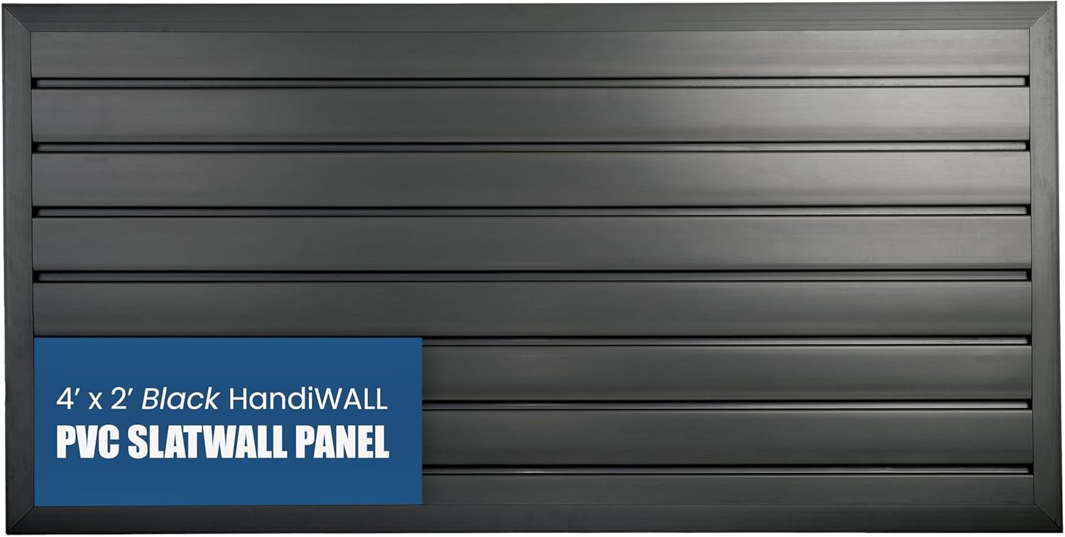 HANDIWALL (BLACK) PVC Slatwall Garage Wall Organizer, 4x2ft Heavy Duty Framed Slatwall Panel Storage Kit, Wall Mount Organizing Storage System For Slatwall Accessories