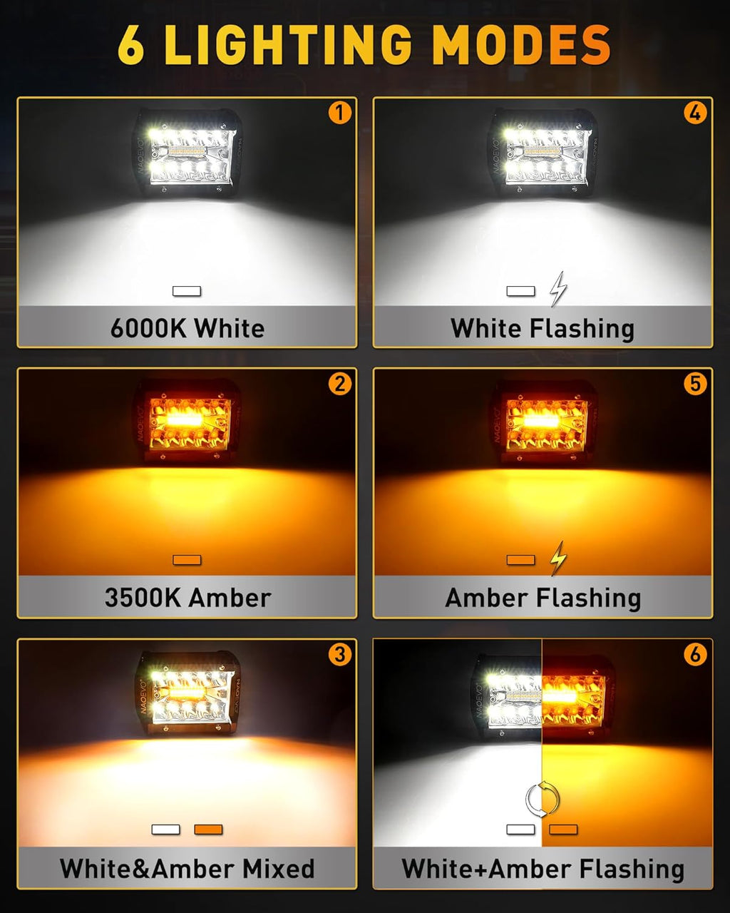 NAOEVO 4 Inch LED Pod Lights, White Amber LED Fog/Driving/Offroad Lights Strobe/Memory Mode and 2 Leads Wiring Harness, Cube Pods for Truck Boat ATV UTV, 2 Pcs (6 Modes)
