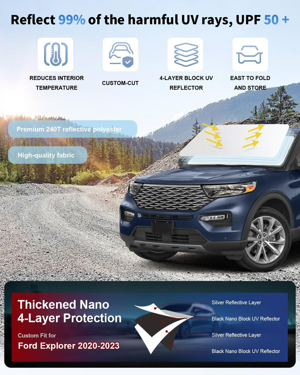 Windshield Sun Shade Sunshade for Explorer Front Windows Cover Fit for 2020-2023 2024 2025 Ford Explorer SUV, ST XLT, Limited, Platinum Accessories 240T Reflector Shield Protector Sun Visor Blocks UV