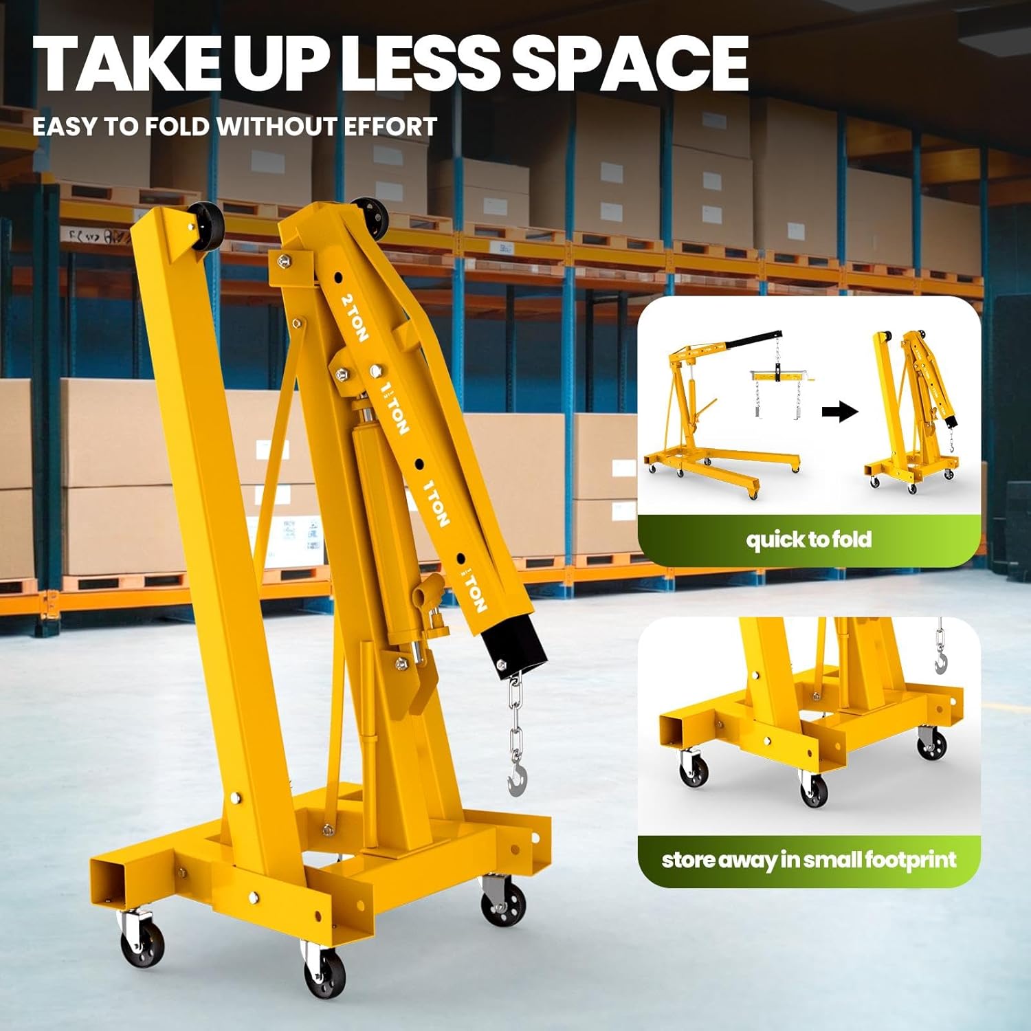 2-Ton Engine Hoist Cherry Picker with Engine Leveler, 4400 Lbs Folding Hydraulic Workshop Crane Lift with 6 Swivel Wheels and Telescopic Boom, Heavy-Duty Crane for Garage, Automotive Repair (Yellow)