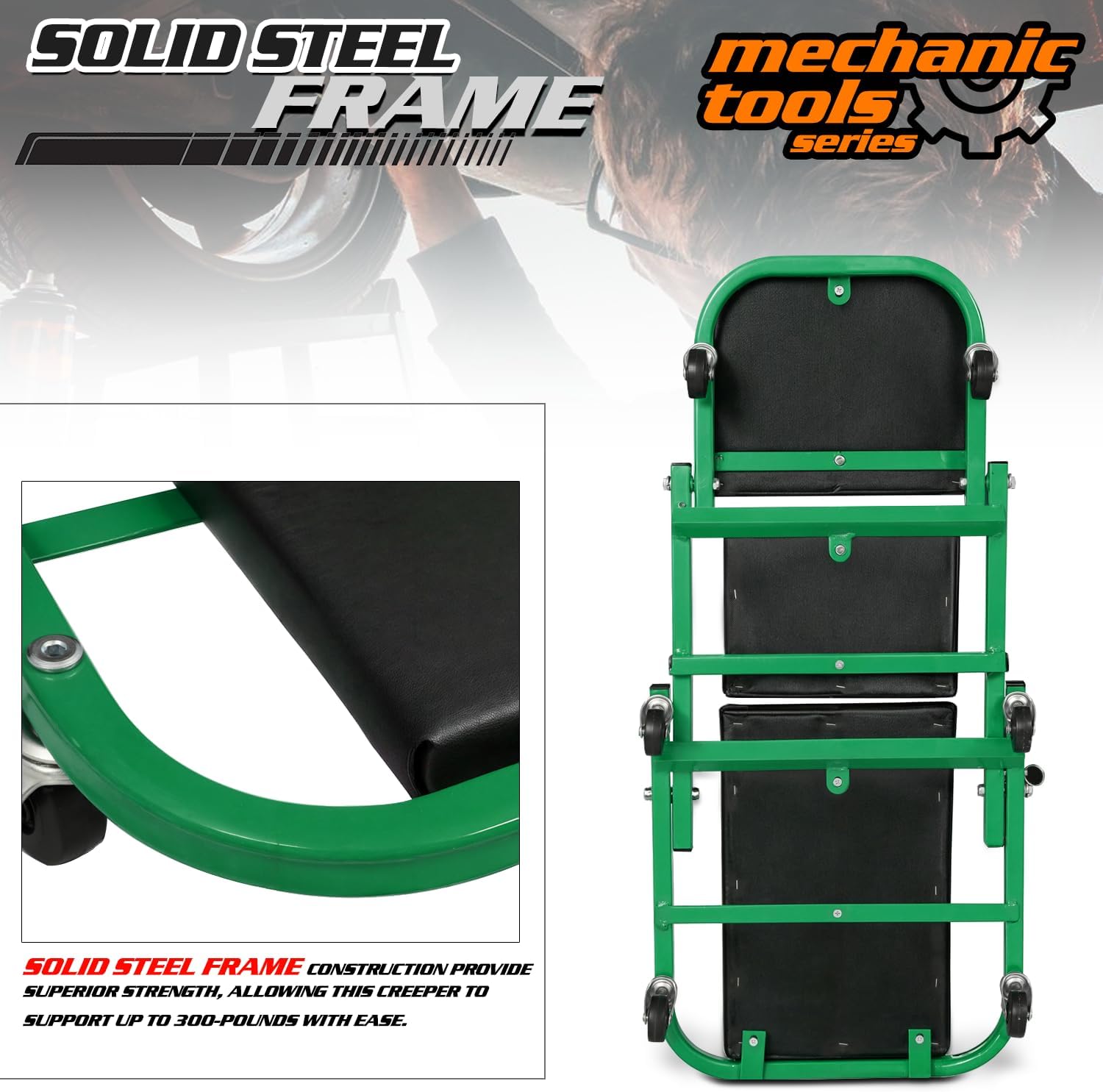 M-AUTO 40-Inch Folding Creeper Rolling Seat, All-in-One Adjustable Roller Garage Chair, Lay Down or Sit, 330LBS Capacity Under Car Roller Creeper with 6 Swivel Casters, Green