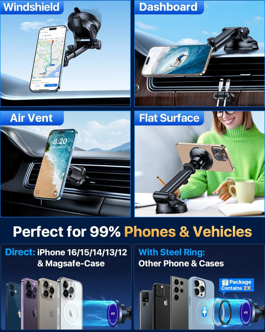 HTU for MagSafe Car Phone Mount Magnetic Phone Holder for Windshield Vent Dashboard Magnetic Suction Phone Mount for iPhone 16/15/14/13/12 & Android (Amparo Blue)