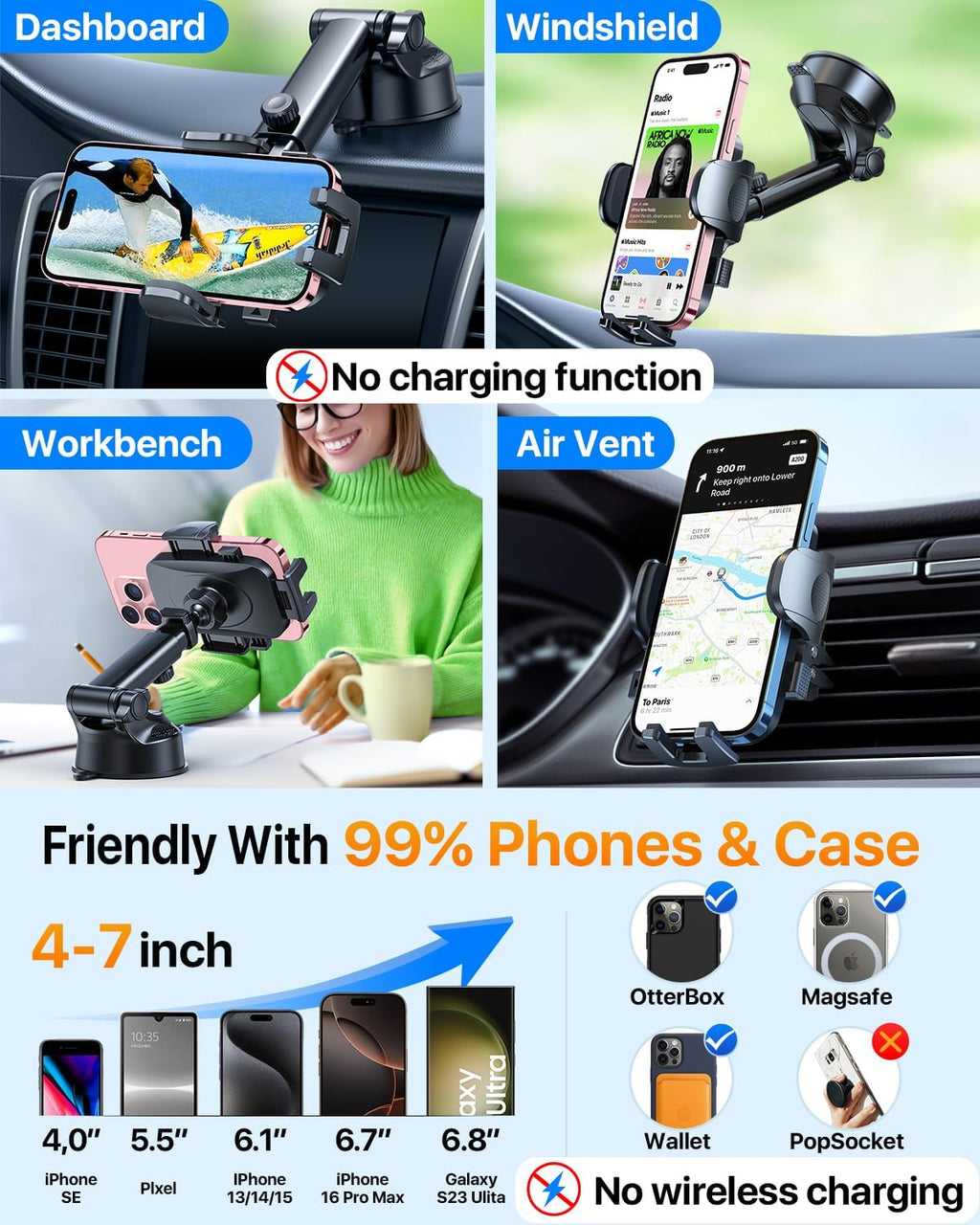 HTU [True Military-Grade] 2025 Upgraded Car Phone Holder 【Safety Certs & No Smell】 Cell Phone Holder for Car Mount for Dashboard Windshield Air Vent Long Arm Thick Case,Grey