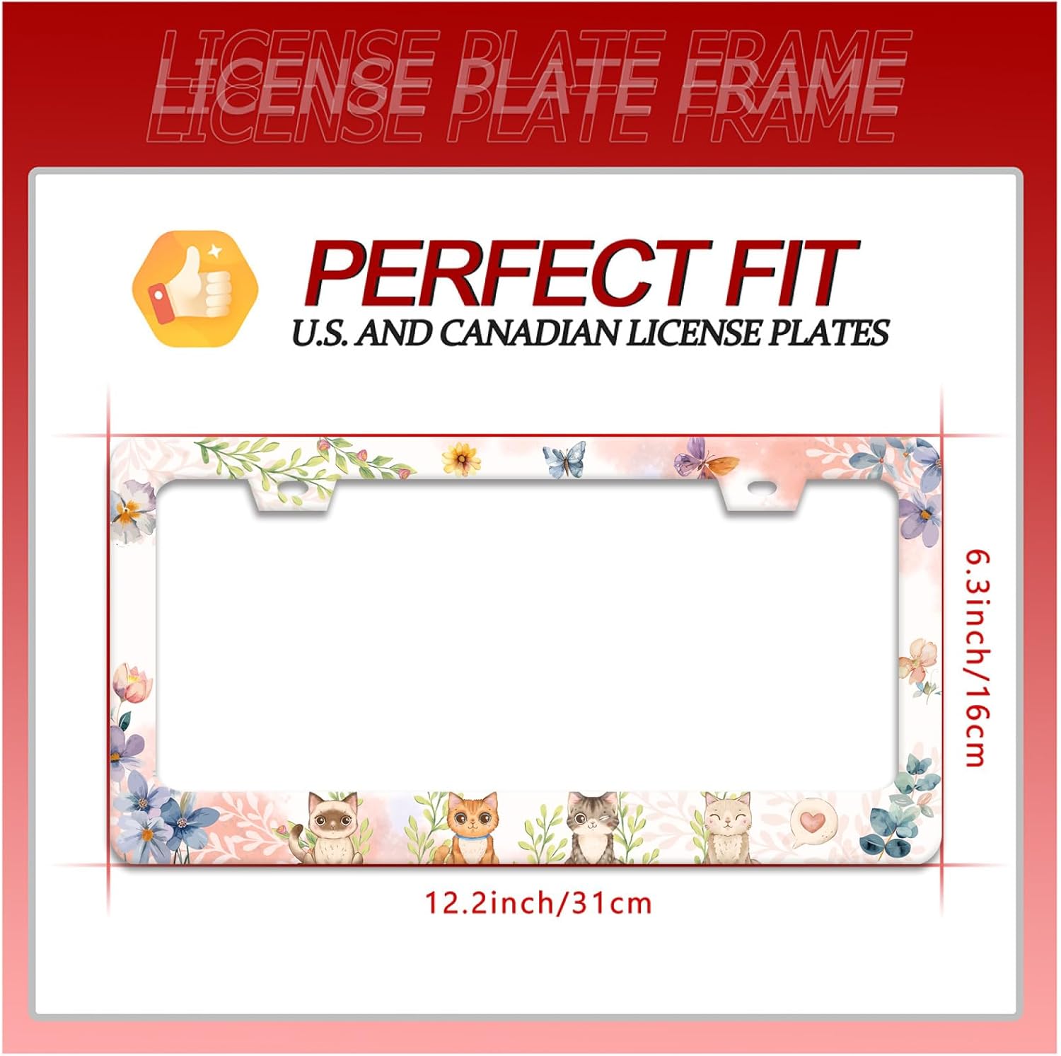 Cat License Plate Frame Beautiful Butterflies Flowers License Plate Holder Funny Personalise Car Stainless Stee Decorative Parts for Standard Us Canada Vehicles 12x6 Inch for Women Men