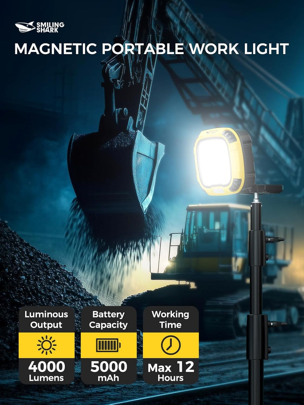 Smiling Shark Working Light, LED Work Light 4000 Lumen 18 Light Mode USB Rechargeable Portable Magnetic Waterproof Drop Resistant Cordless Worklight Job Site Lighting for Garage Repair Camping Outdoor