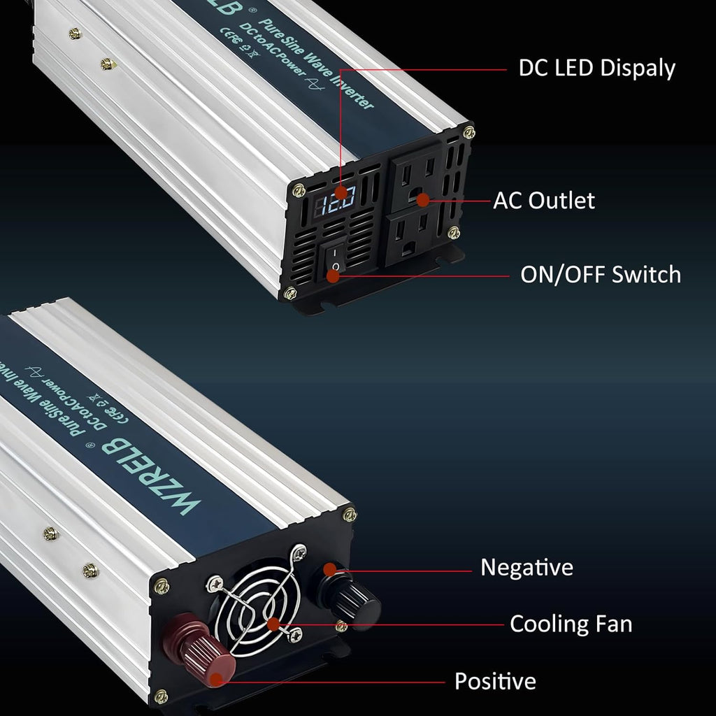 WZRELB 800W Pure Sine Wave Inverter 12V DC to 110V 120V AC Power Converter with LED Display, Off-Grid Portable Power Inverter with 2 AC Outlets for Home, RV, Truck, Camping