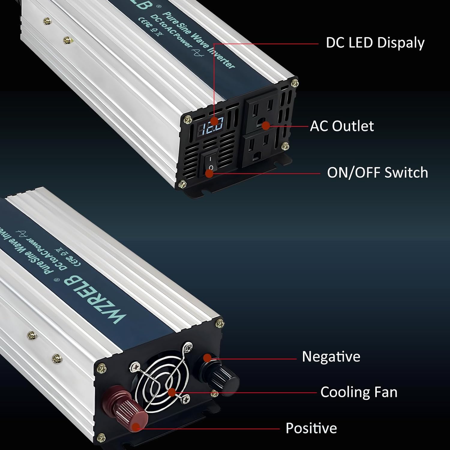 WZRELB 800W Pure Sine Wave Inverter 12V DC to 110V 120V AC Power Converter with LED Display, Off-Grid Portable Power Inverter with 2 AC Outlets for Home, RV, Truck, Camping