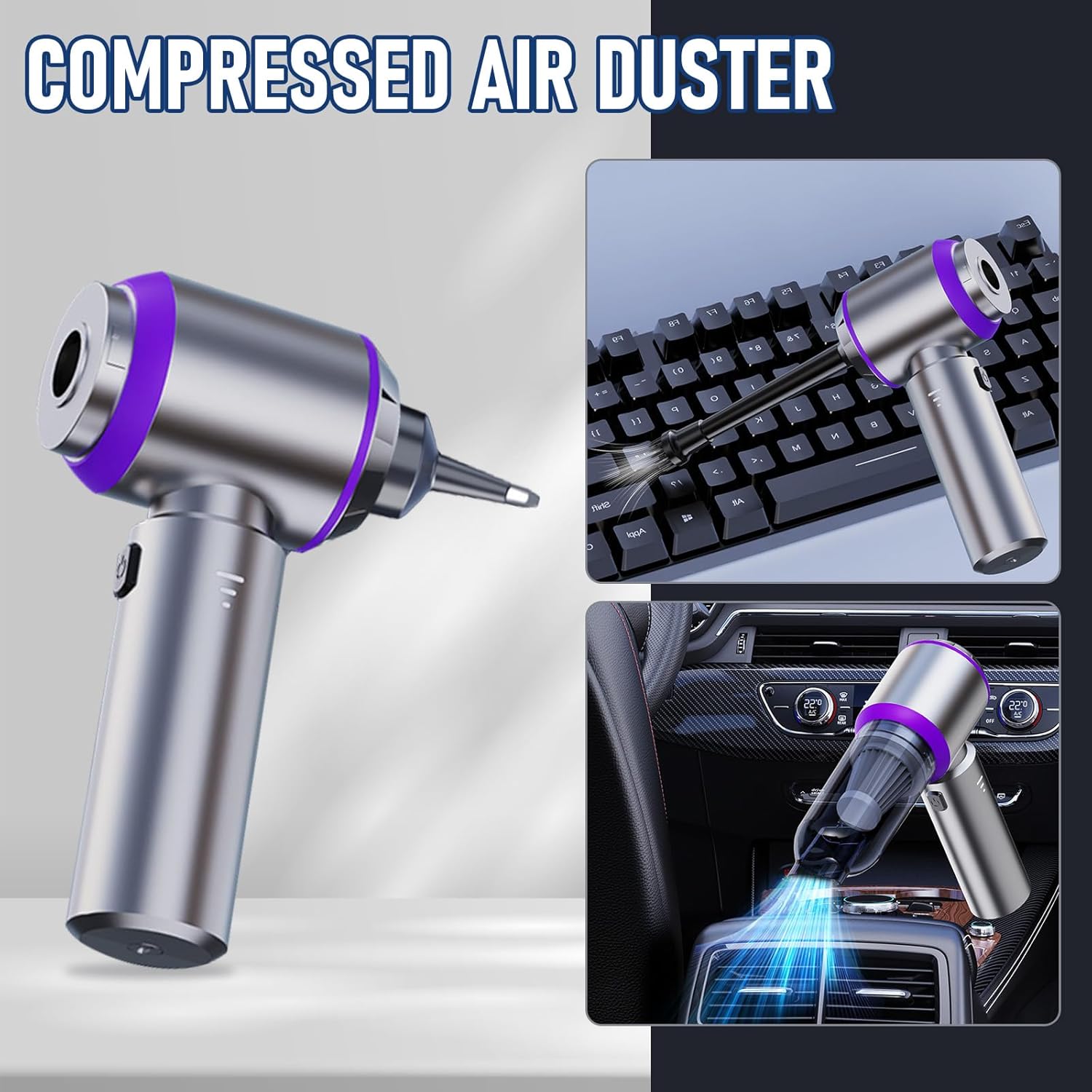Car Vacuum Portable Cordless 20000PA High Power Mini Vacuum Cleaner 4-in-1 Compressed Air Duster & Air Blower & Pump Hand Held Vacuum with Brushless Motor for Car, Home, Office,Camping