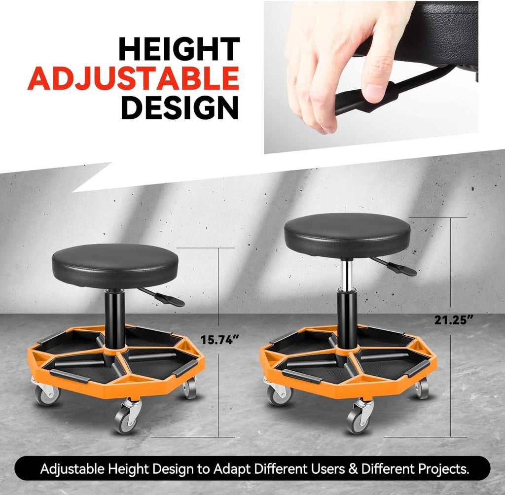 Auto Dynasty Mechanic Stool, Adjustable Rolling Pneumatic Creeper Garage Shop Seat with Tool Tray, 300 LBS Roller Seat for Workshop Auto Repair, Adjustable Height 15.7" to 21", Orange