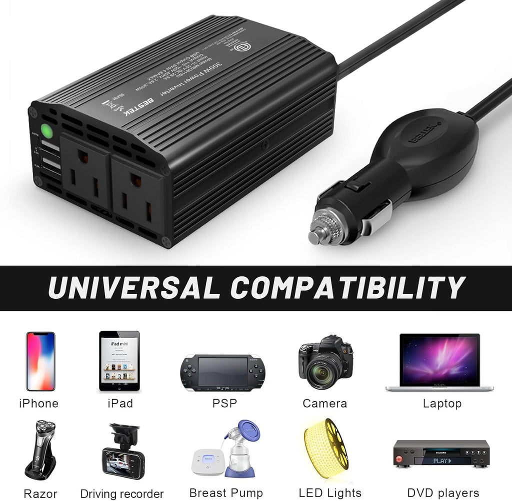 BESTEK 300W Power Inverter DC 12V to 110V AC, Durable Aluminum Housing Car Charger Adapter with 4.8A Dual USB Fast Charging Port, Car Plug in Cigarette Lighter Outlet for Phone, Laptop