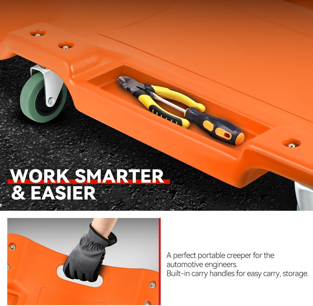Auto Dynasty 40 Inches Mechanic Creeper, Automotive Garage Repair Low Profile Under Car Rolling Creeper with Padded Headrest, Plastic, Orange