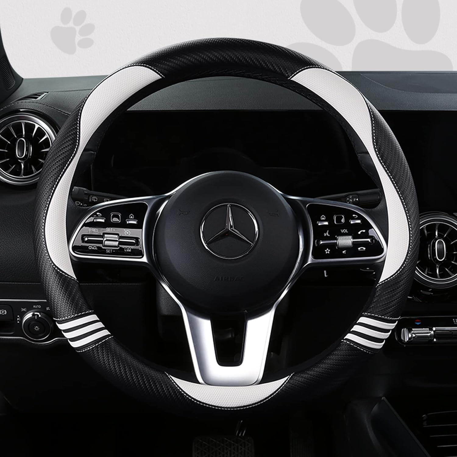 Car Steering Wheel Covers for Women Girl Padded Carbon Fiber PU Leather Cute Cartoon Auto Interior Accessories for Jeep, Truck, Universal, Anti Slip, White, Large Size 15.5-16"(39-41cm)