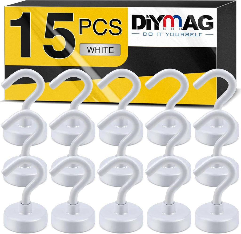 DIYMAG Magnetic Hooks, 30Lbs Strong Heavy Duty Cruise Magnet S-Hook for Classroom, Fridge, Hanging, Cabins, Grill, Kitchen, Garage, Workplace and Office Etc, (15 Pack-White)