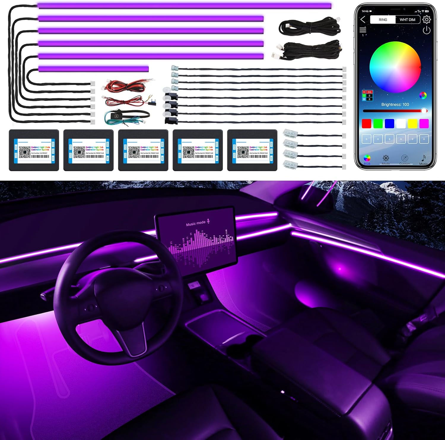 Acrylic Interior LED Strip Light With Wireless APP, RGB 18 in 1 With 175 Inches 600 LEDs Fiber Optic Ambient Lighting Kits for Car, 16 Million Colors Sound Active Function