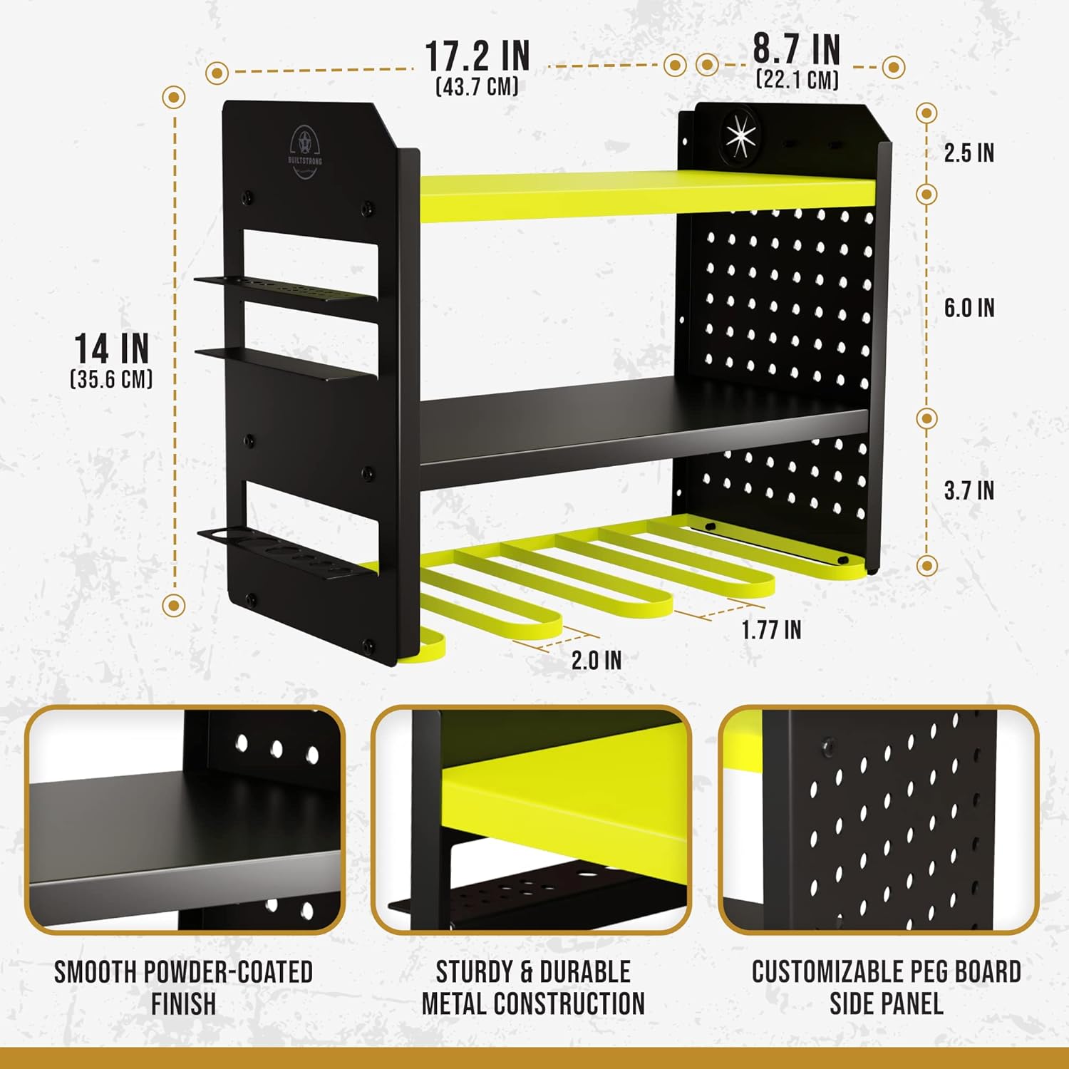 Heavy-Duty Metal Tool Storage Rack - 3-Tier Wall Mount Organizer, Drill Holder, Utility Racks, PegBoard Side, Garage Storage (Green)