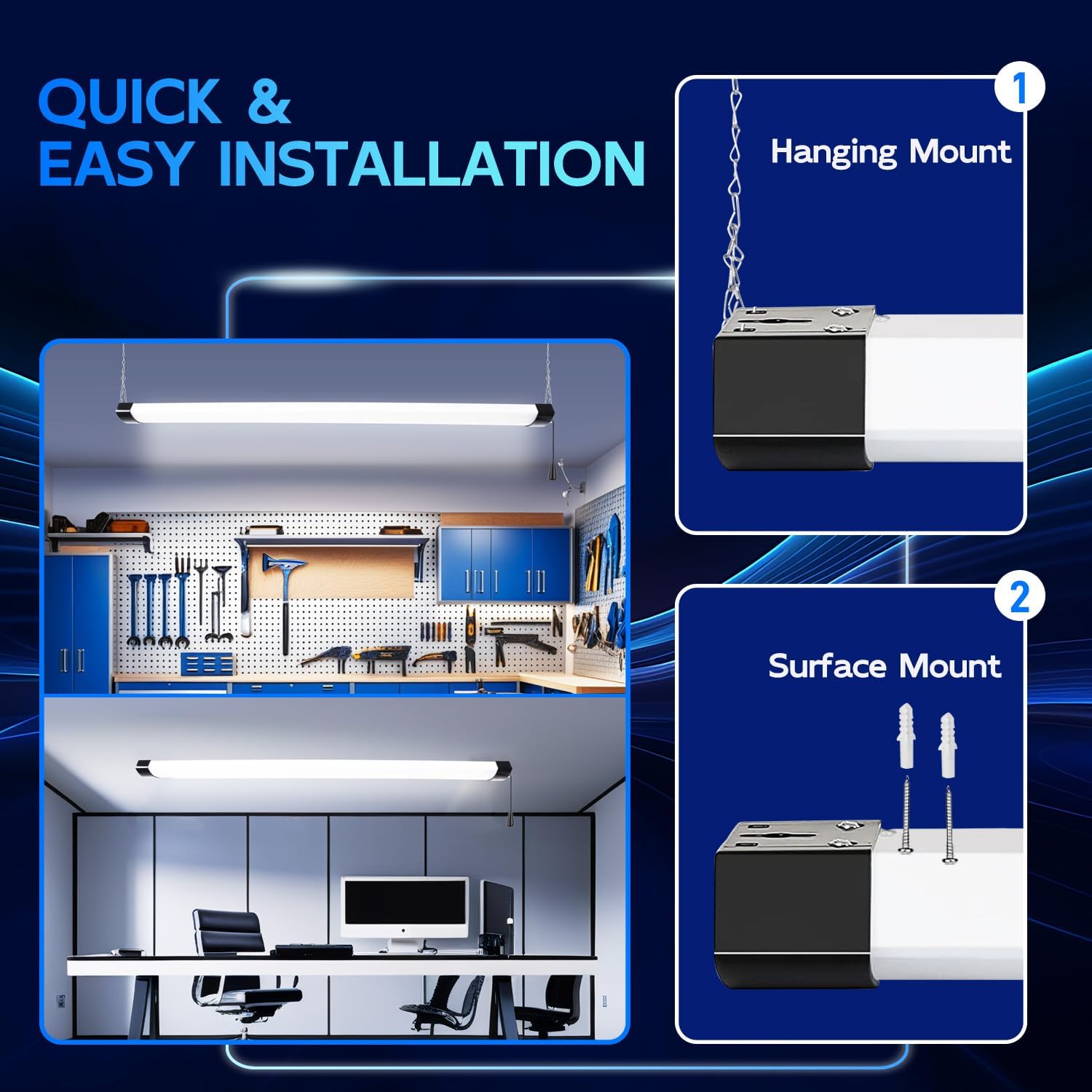 hykolity 4FT 120W LED Shop Light Linkable, 13000lm(400w Equivalent), 5000K Utility Shop Lights for Garages, Workshops, Basements, Hanging or FlushMount, Power Cord and Pull Chain, ETL, Black, 2 Pack
