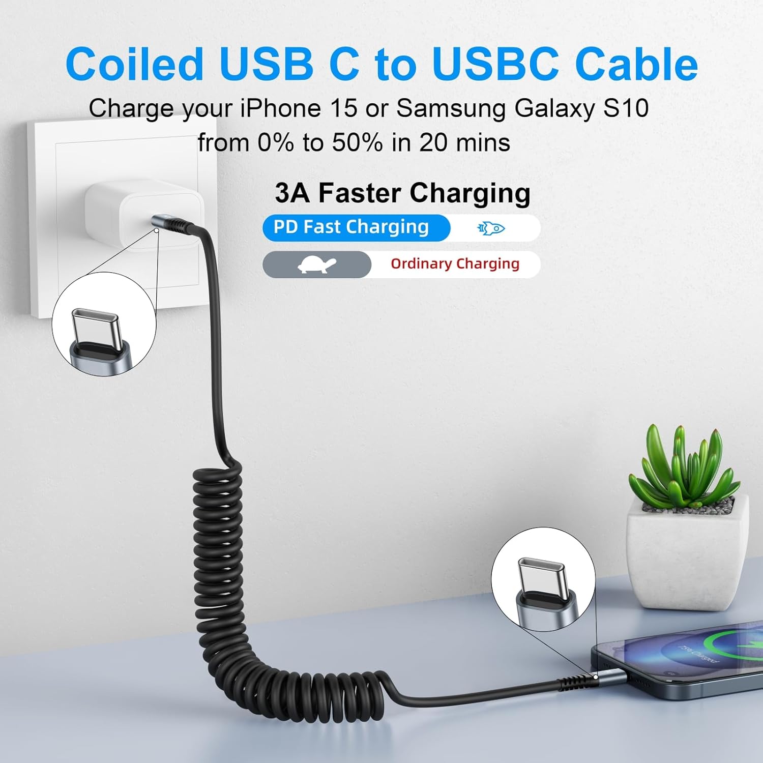 USB C to C Cable 3ft 2Pack Coiled USB C Charger Cable for Car Type C Fast Charging Cable for iPhone 16/15/Plus/Pro/Pro Max/Samsung Galaxy S23