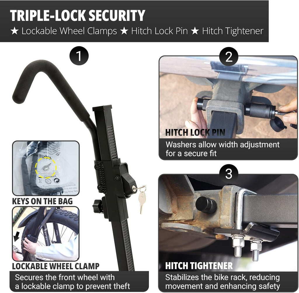 TrailV2 Plus Hitch 2 Ebike Rack with Ramp, Tilt, Fold, Anti-Theft Hitch & Wheel Locks, Heavy Duty 170 lbs Capacity, Fits 2" Receiver, Max 5" Fat Tires, Electric Bike Rack for for Car, SUV, Truck, RV