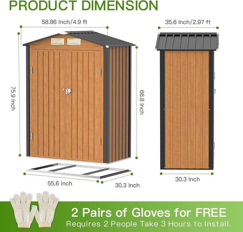 Outdoor Storage Shed, 5x3 Ft Metal Steel Tiny House with Frame Floor & Lockable Door, Vertical Outside Storage Building for Garden, Backyard, Lawn, Patio Utility, Tool Storage