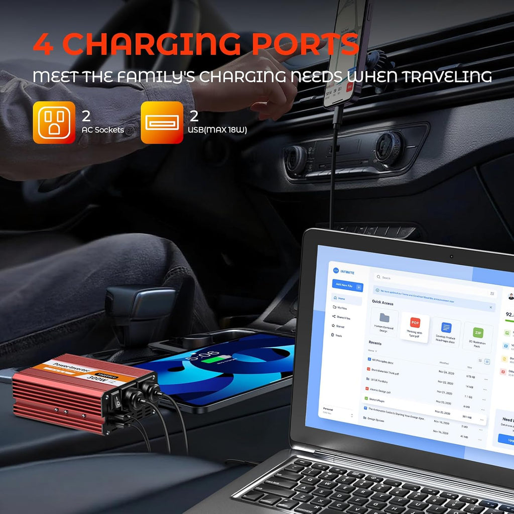 300W Power Inverter DC 12V to 110V AC Car Inverter with 4.2A Dual USB(18W) Charging Ports, Dual AC Adapter for Laptops