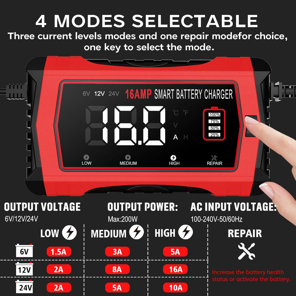 16-Amp Battery Charger, 6V/12V/24V Smart Car Battery Charger, Automotive Battery Maintainer, Trickle Charger for Car, SUV, Motorcycle, Boat, Lead-Acid, Lithium, LiFePo4 Battery