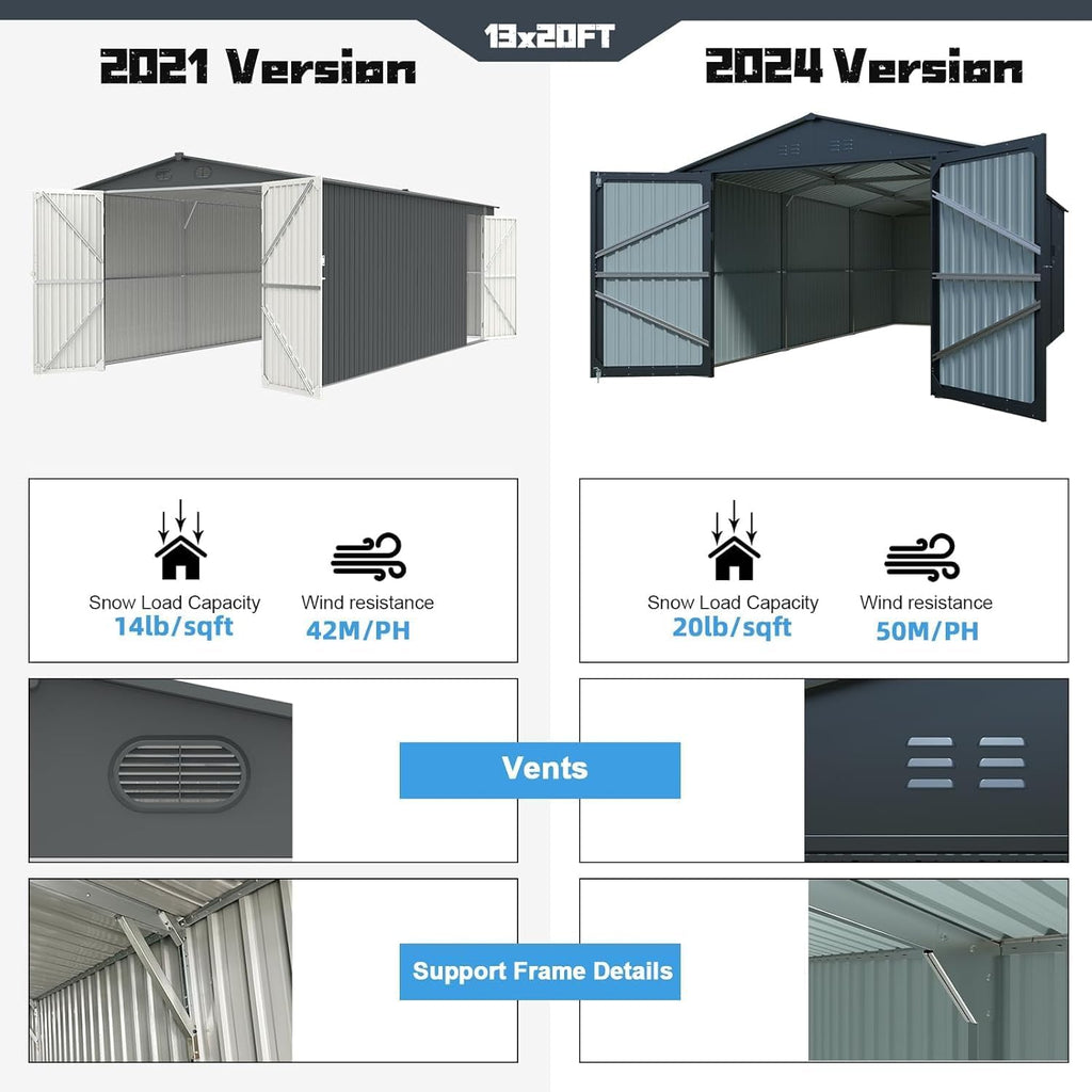 KUIKUI 20x13ft Heavy Duty Outdoor Garage Metal Shed, Sheds and Outdoor Storage with 2 Doors and 4 Vents Without Floor, Car Sheds Outdoor Garage