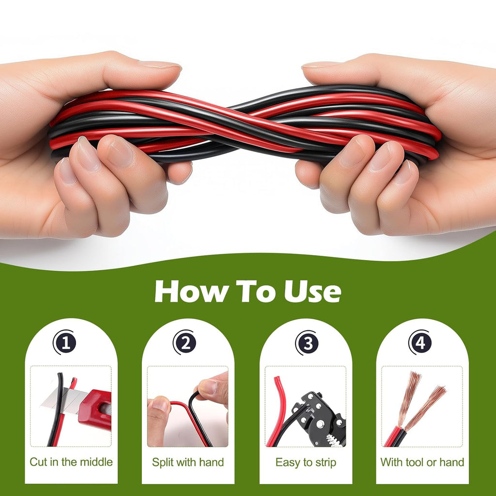 100FT 14/2 Gauge Red Black Cable Hookup Electrical Wire LED Strips Extension Wire 12V/24V DC, 14AWG Flexible Extension Cord for LED Ribbon Lamp Tape Lighting