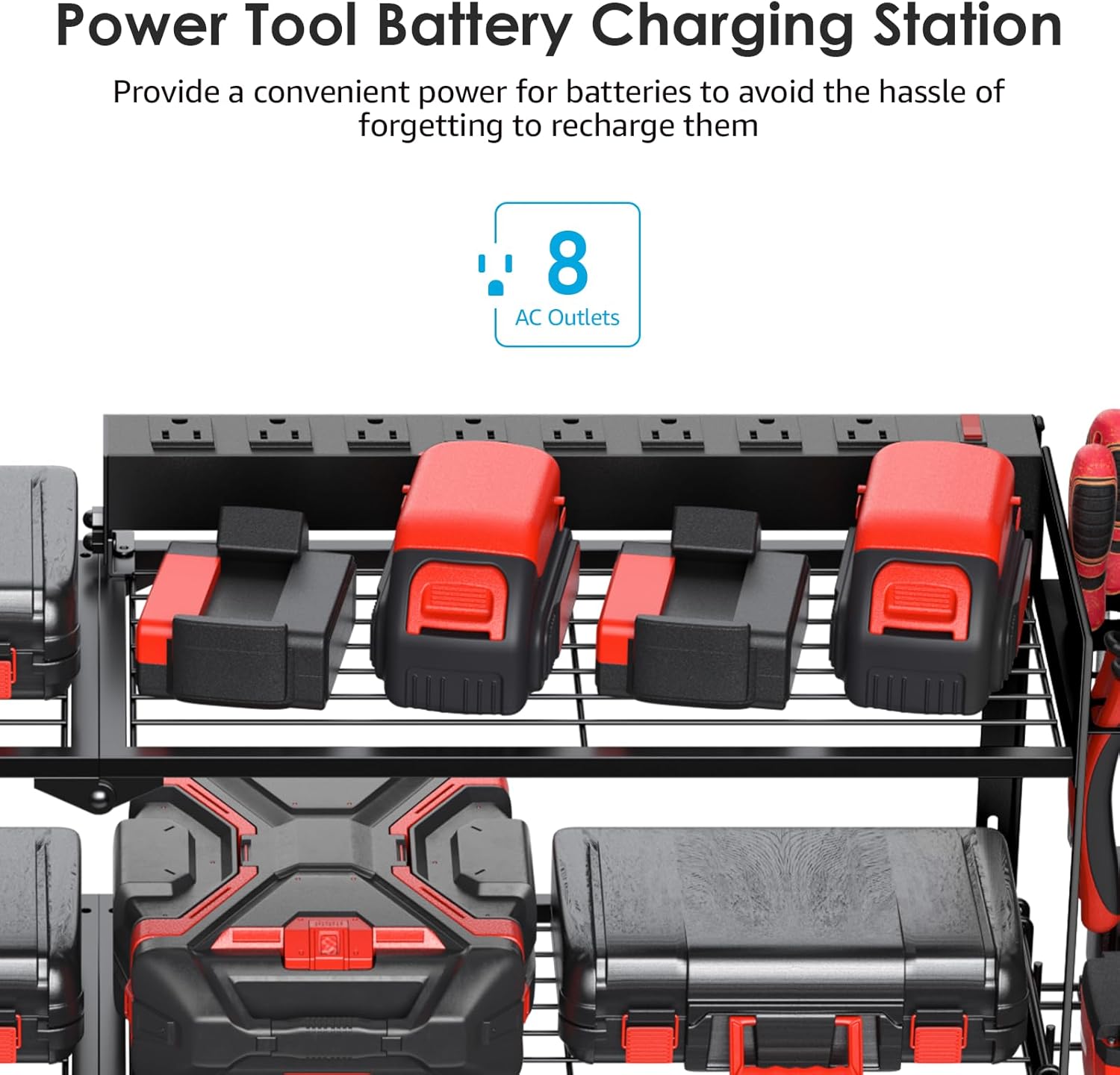 CCCEI Large Garage Tools Storage with Charging Station. Power Tool Battery Organizer Utility Shelf with Power Strip. 4 Drills Holder Wall Mount Rack, Black 3 Layer.
