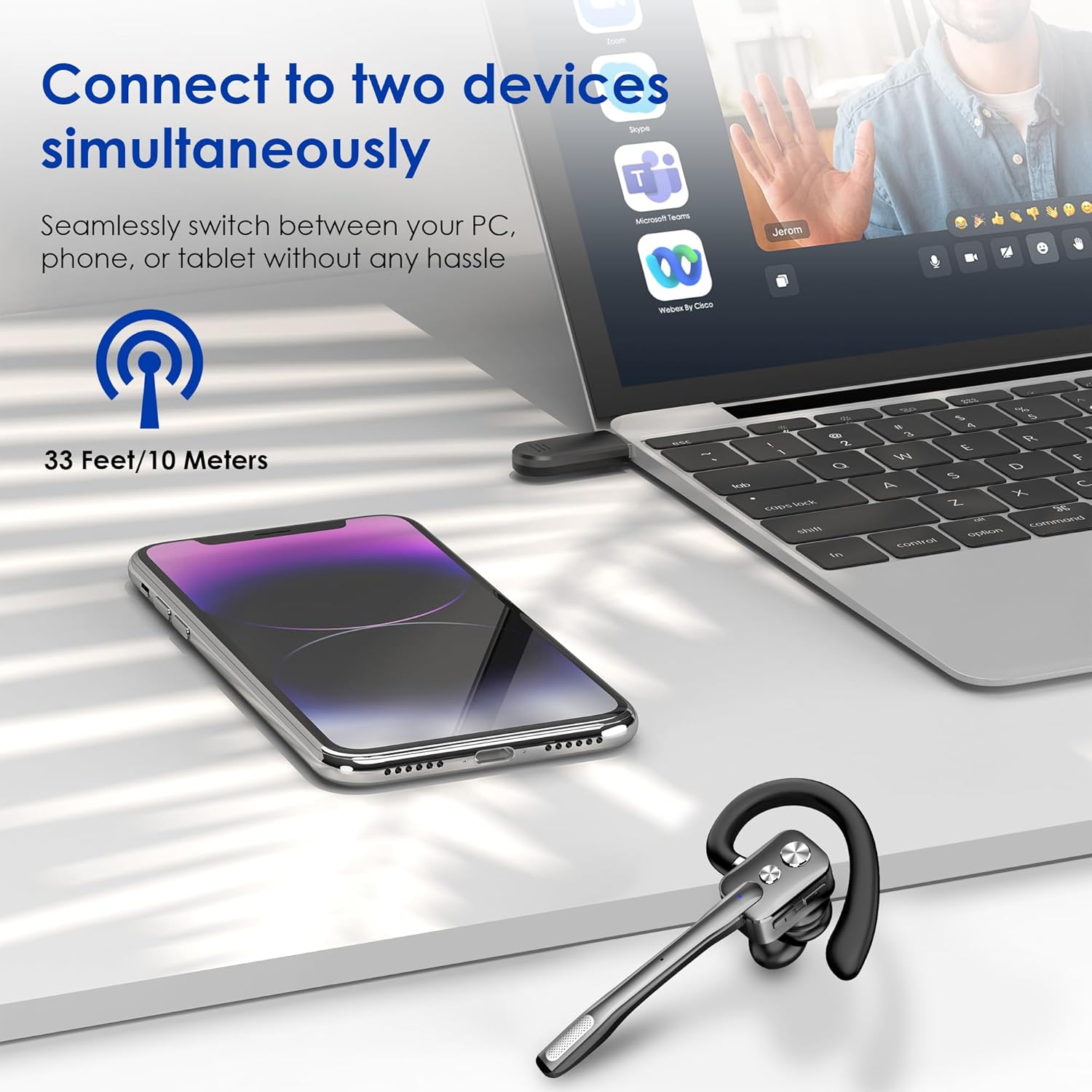 Bluetooth Headset, Wireless Bluetooth Earpiece with Dual-Mic & Noise Canceling, Single Ear Headset with Mute for Business, Remote Work, V5.3 Hand-Free headset for iOS Android Cell Phone (Gunmetal)