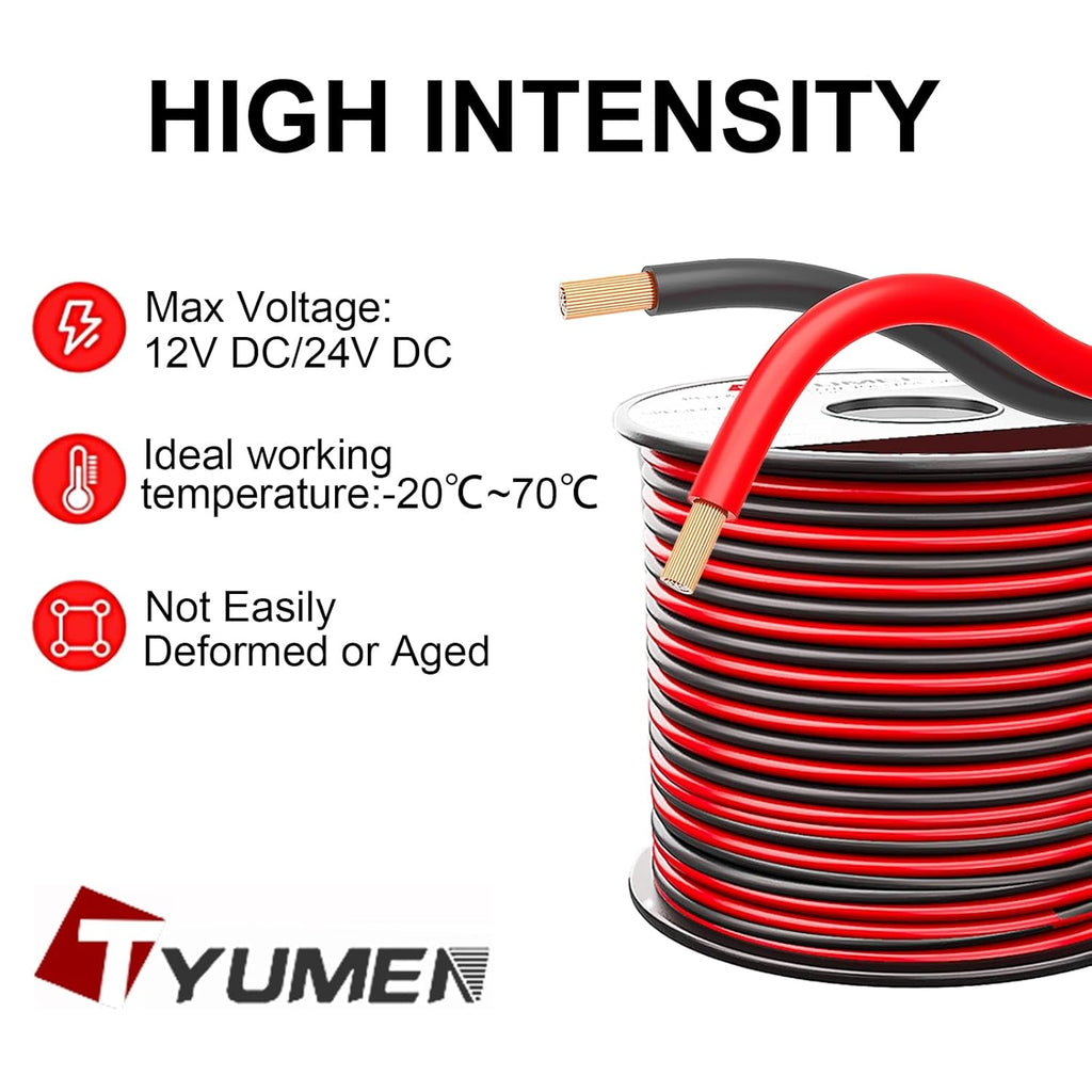 100FT 12/2 Gauge 2pin 2 Color Red Black Cable Hookup Electrical Wire LED Strips Extension Wire 12V/24V DC Cable, 12AWG Flexible Wire Extension Cord for LED Ribbon Lamp Tape Lighting