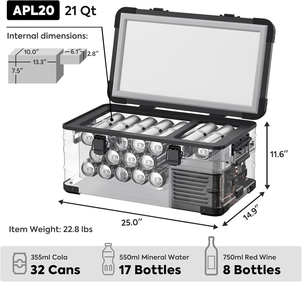 ICECO APL20 Portable Refrigerator, 21 Qts 12 Volt Fridge Freezer, Aluminum Car Fridge with SECOP Nano Compressor, Electric Cooler Powered by AC/DC or Solar, -4℉~68℉, Refrigerator for Vehicles, RV