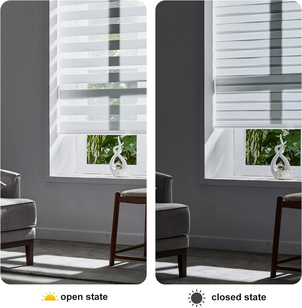 Persilux Cordless Zebra Blinds for Windows Free-Stop Roller Window Shades (22" W X 64" H, White) Dual Layer Light Control for Day and Night, Light Filtering Sheer Shades for Home, Easy to Install