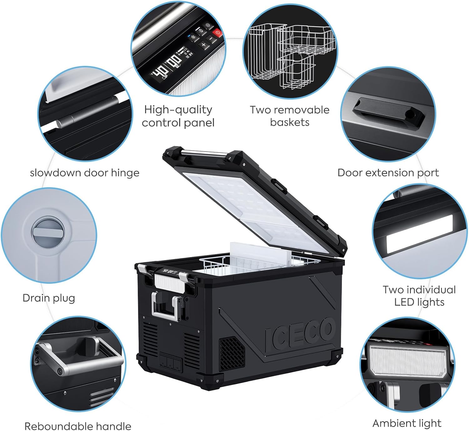 ICECO APL55 Dual Zone Portable Refrigerator Freezer Bluetooth Controlled, 55 Liter 12v refrigerator with SECOP Compressor, DC 12/24V, AC 110-240V, for Truck, Car and Home, -4℉~68℉ (Black)