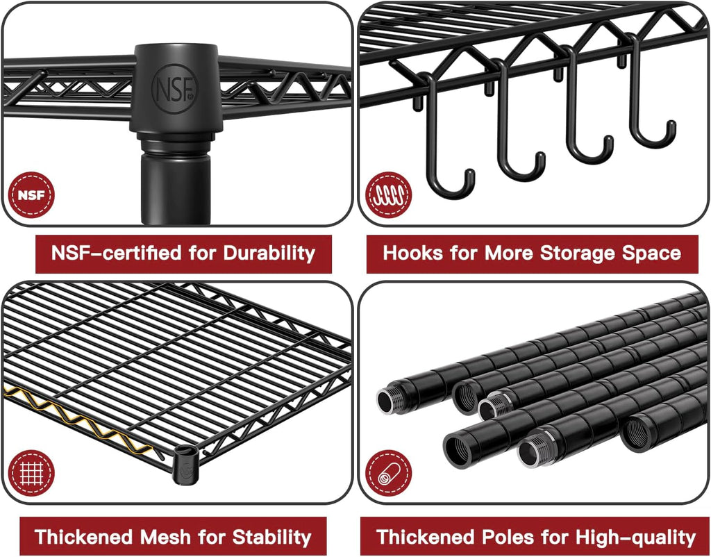 PrimeZone Wire Metal Storage Shelves - 5 Tier Adjustable NSF Certified Heavy Duty Garage Shelving Unit Organizer Rack, Steel Utility Shelf for Kitchen, Pantry, 35.5" W x 14" D x 72" H, Black, 2 Packs