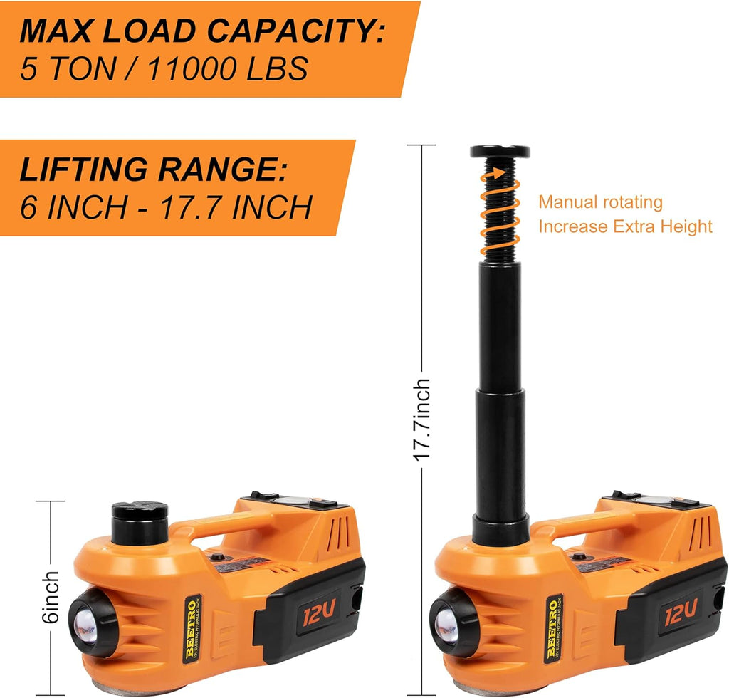 BEETRO Electric Car Jack Kit 5 Ton 12V with Electric Wrench and Tire Inflator Pump for SUV MPV Sedan Change Tires Garage Repair