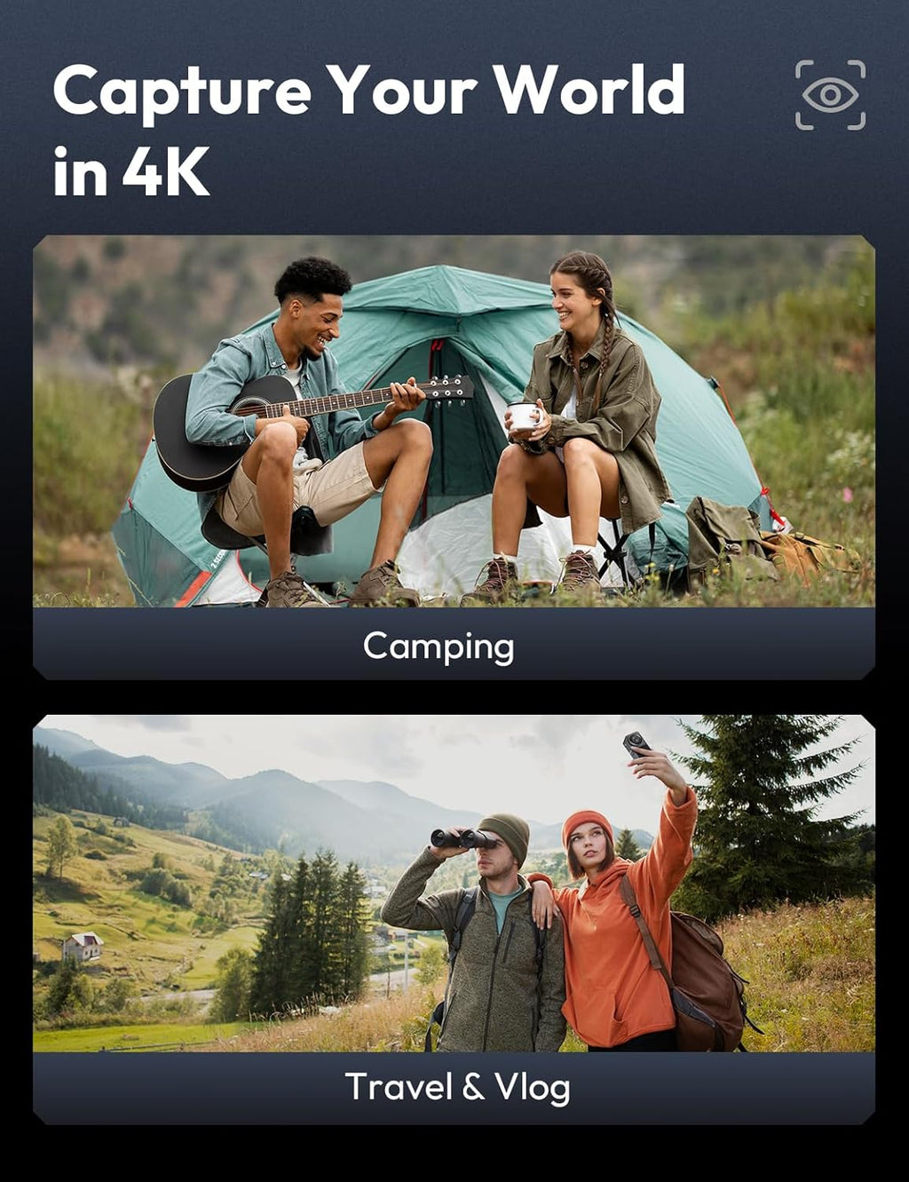 Action Camera 4K 20MP, Dual Use Action Camera and Dash Cam, Waterproof, EIS Stabilization, with 64GB SD Card, 170°Wide Angle Helmet Camera for Vlog or Recording Car Journey