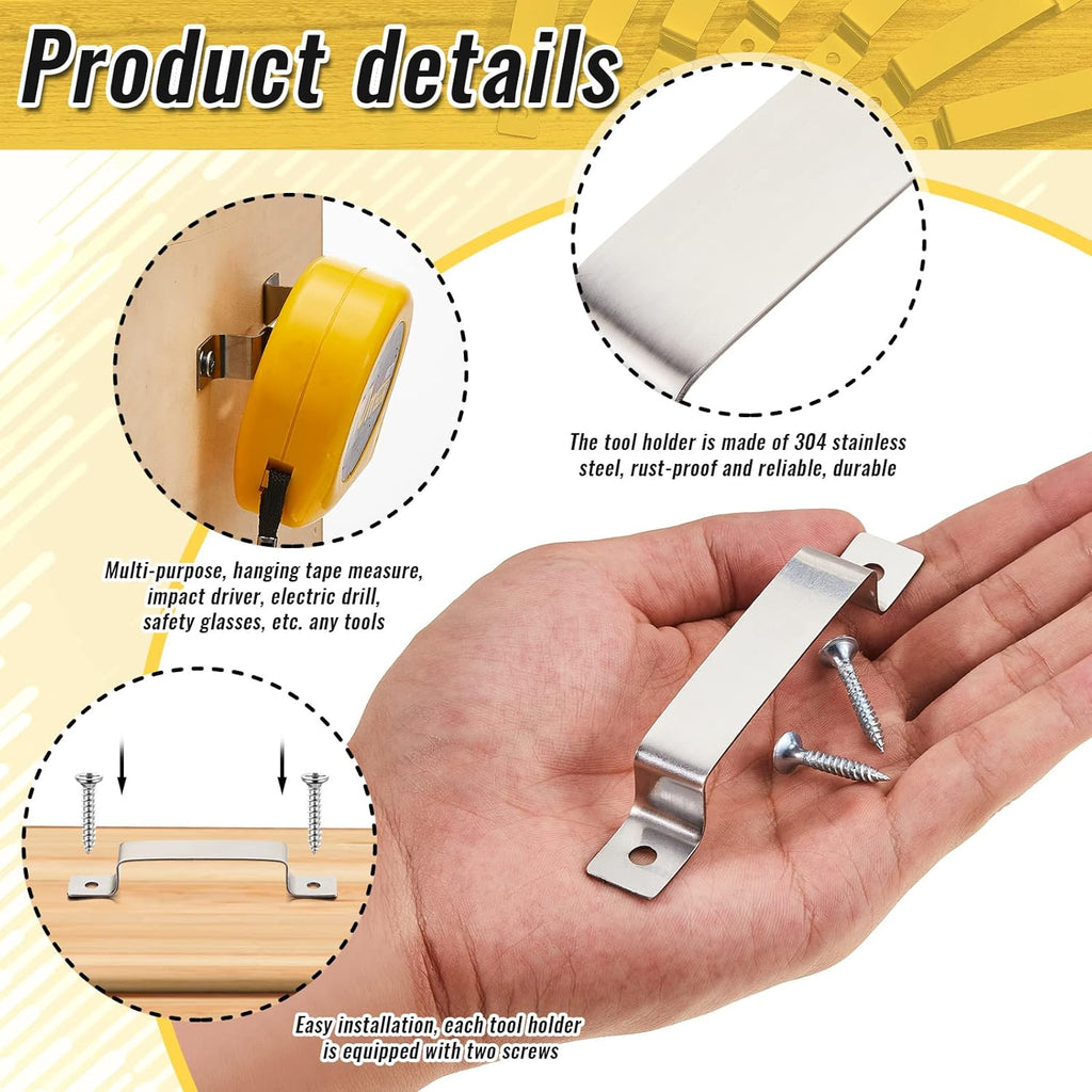 12 Pcs Tape Measure Clip Tape Measure Holder Bench Belt Universal Tool with Screws Stainless Steel Tool Hanger Storage Dock for Mount Drill Power Measures and Belt Clips (Silver)
