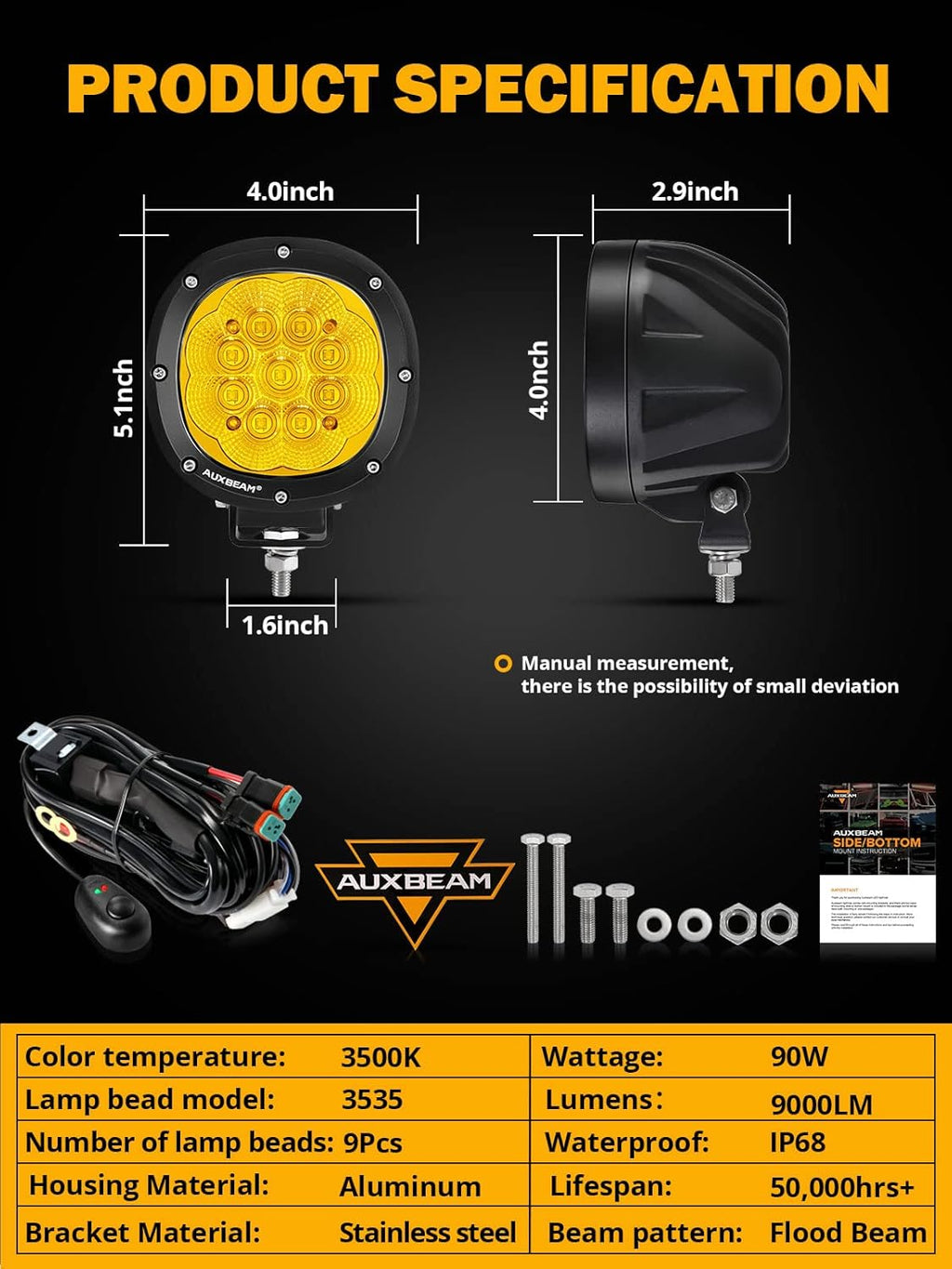 Auxbeam 4 Inch Amber Round LED Driving Light, 2PCS 90W 9000LM Yellow Fog Pods Light Bar Off-Road Flood Work Energy-Efficient Lights with DT Plug Wiring Harness Kit for Truck Jeep Pickup ATV UTV SUV