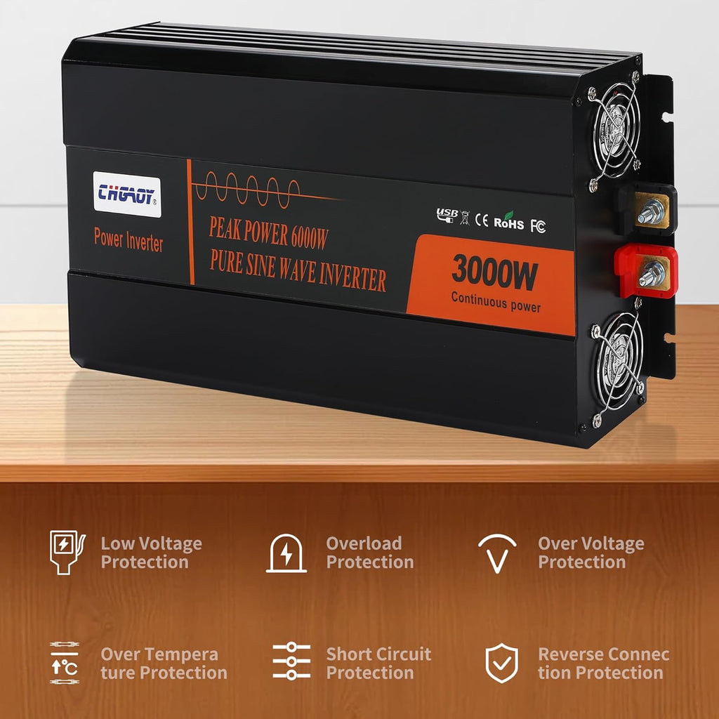 3000W Pure Sine Wave Inverter 12V DC to 120V AC Converter for Home, RV, Truck, Off-Grid Solar Power Inverter with Built-in 5V/2.1A USB, Reliable Cable, Remote Controller