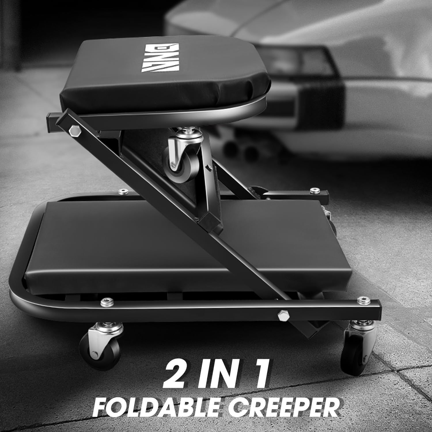 DNA MOTORING 40 Inches Folding 2 in 1 Rolling Z Creeper, Adjustable Roller Garage Chair Lay Down or Sit, 6 Pcs 2" Casters, 150kg Weight Capacity, Black, TOOLS-00494