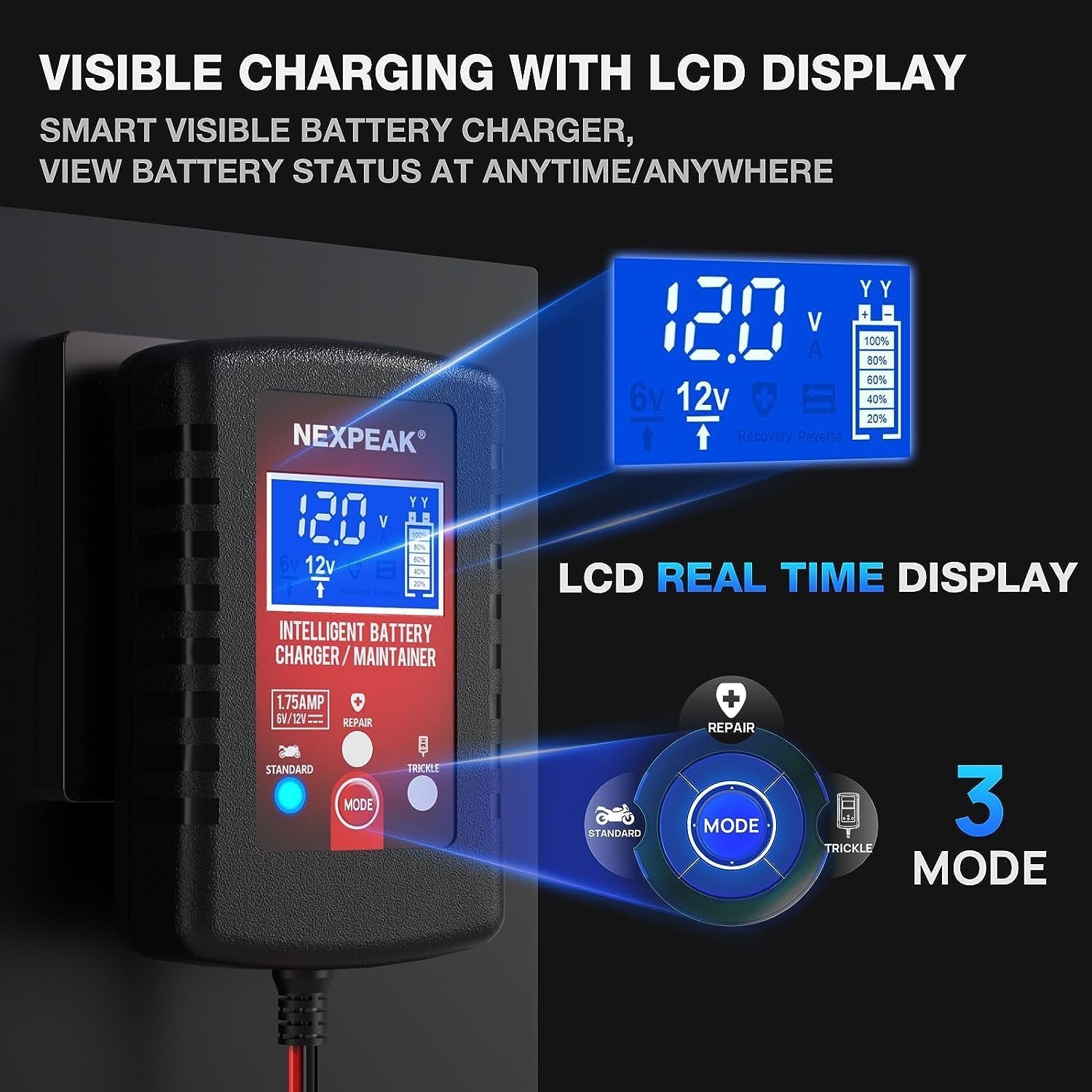[3-Pack]1.75-Amp Car Battery Charger, 6V and 12V Smart Fully Automatic Battery Charger Maintainer, Trickle Charger, Battery Desulfator for Car, Lawn Mower, Motorcycle, Boat, Marine Lead Acid Batteries