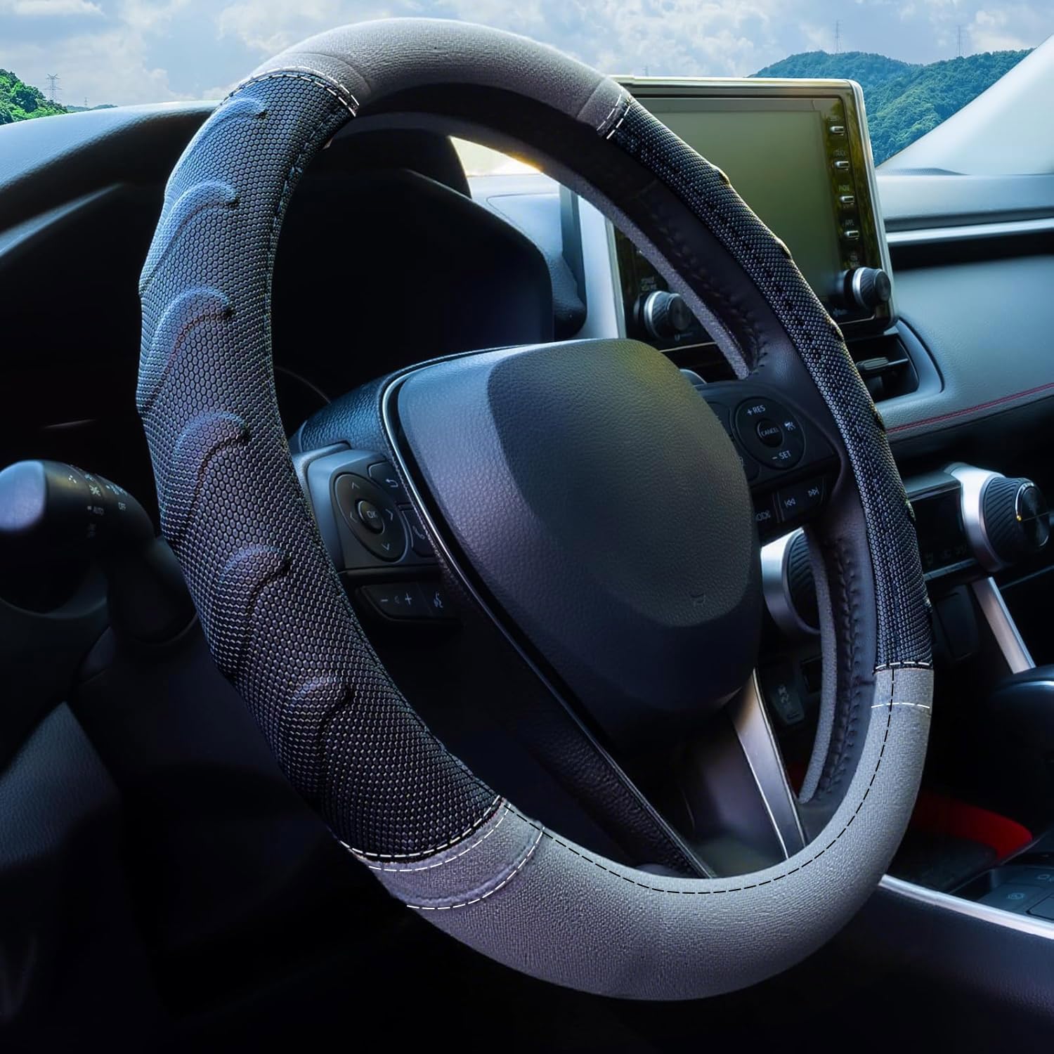 Grey Truck Steering Wheel Cover with Breathable Grip, Premium Faux Leather, Universal fit for Full Size Trucks and SUVs with Steering Wheel Size 15.5" to 16"